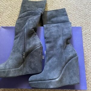 Stuart Weitzman Molten Slate Gray Suede Wedge Heeled Platform Knee Boots - 6.5M